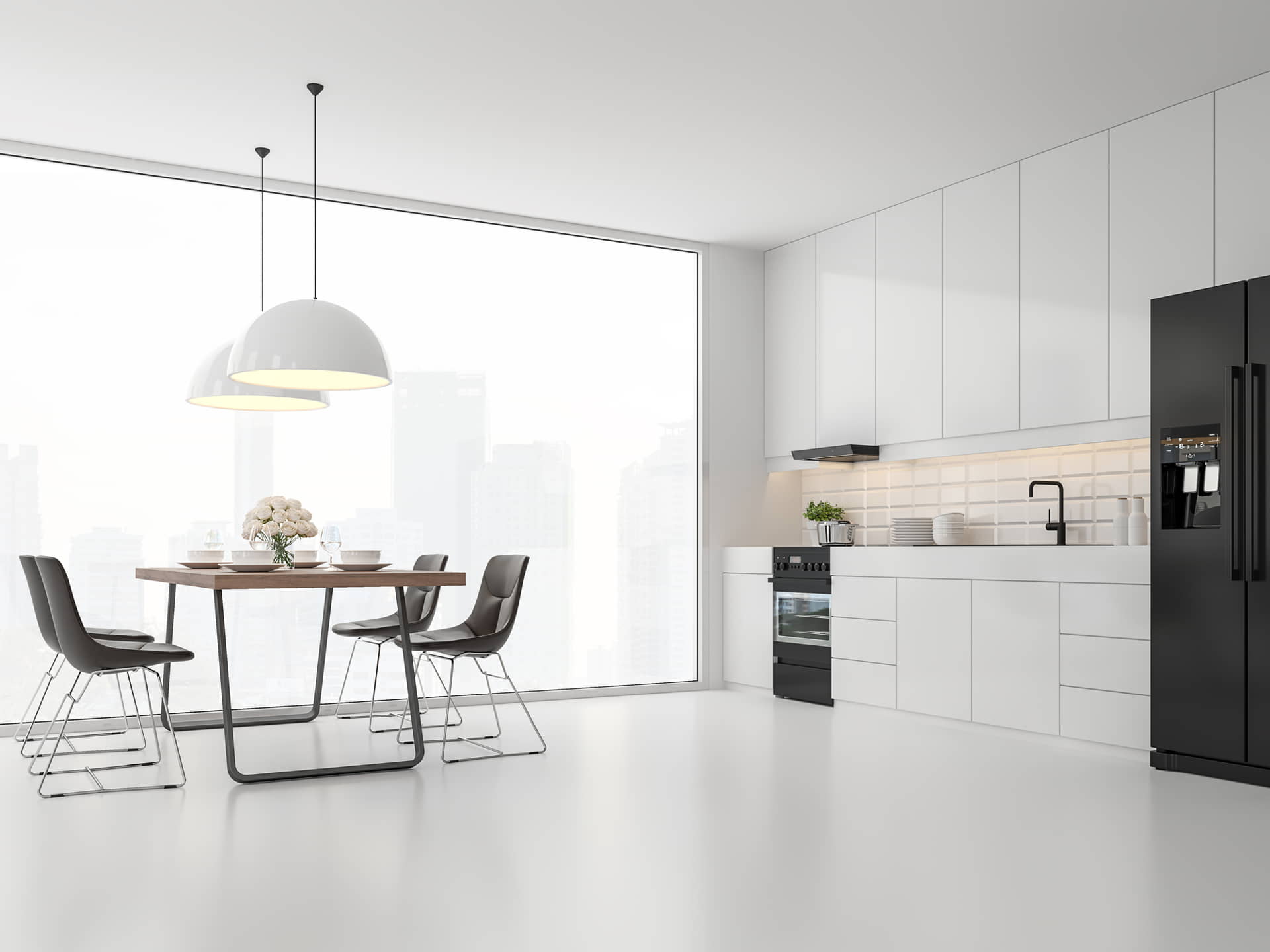 सफेद रंग के माइक्रोसीमेंट फर्श के साथ चमकदार आधुनिक रसोई