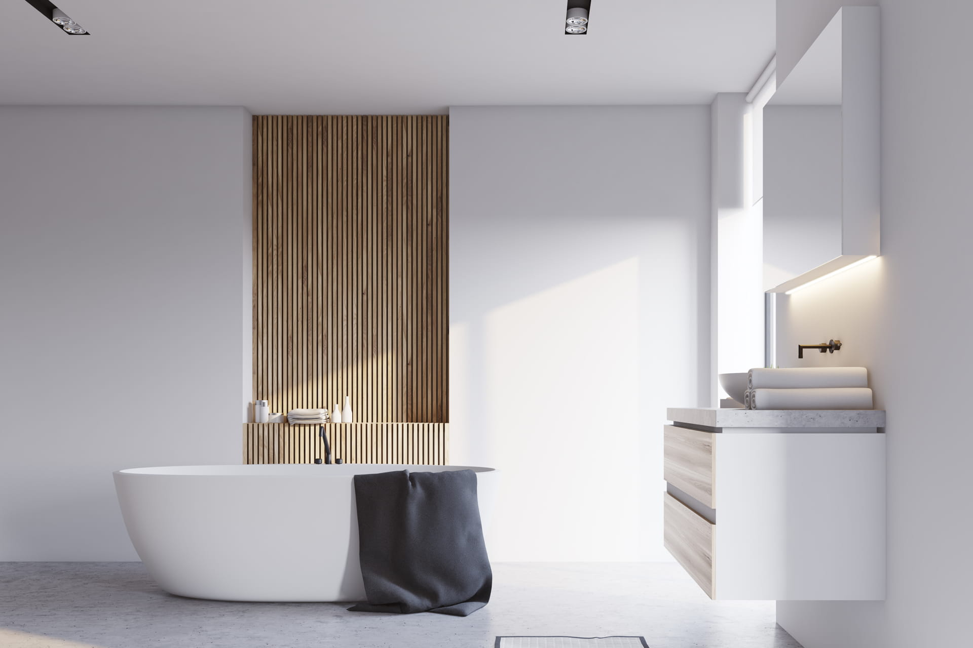 Bagno moderno rivestito con microcemento di colore bianco