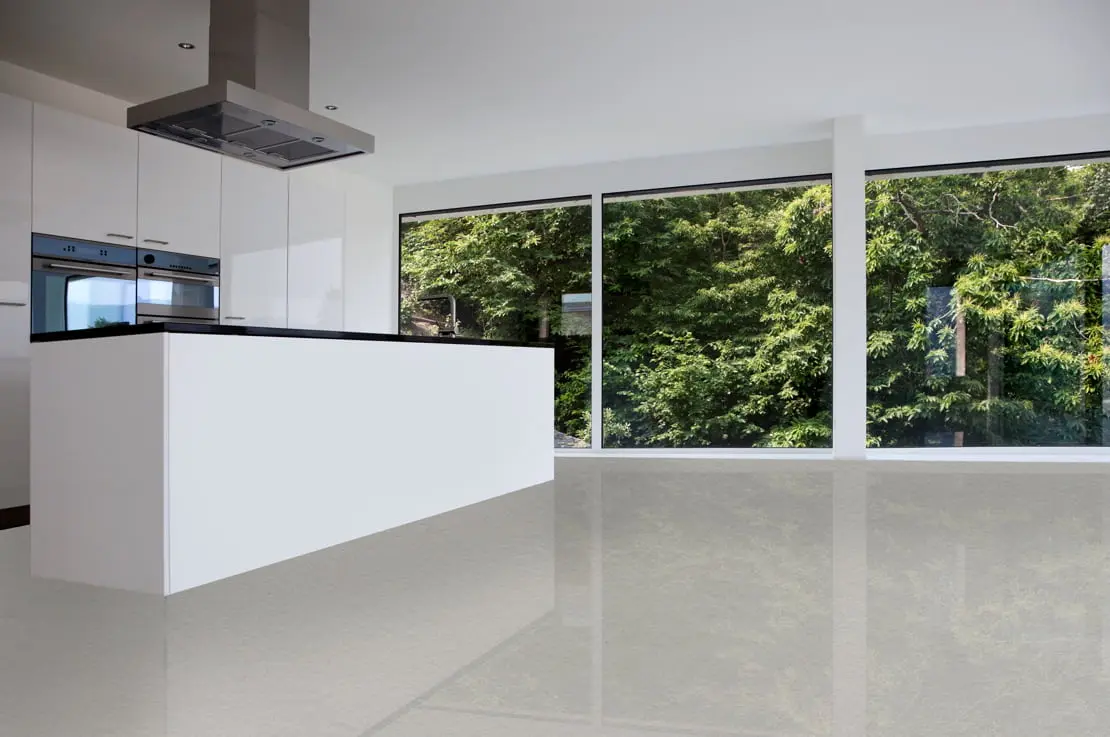 ミニマリストスタイルのキッチンにあるマイクロセメントの床、抽出ファンと大きな窓が装備されています
