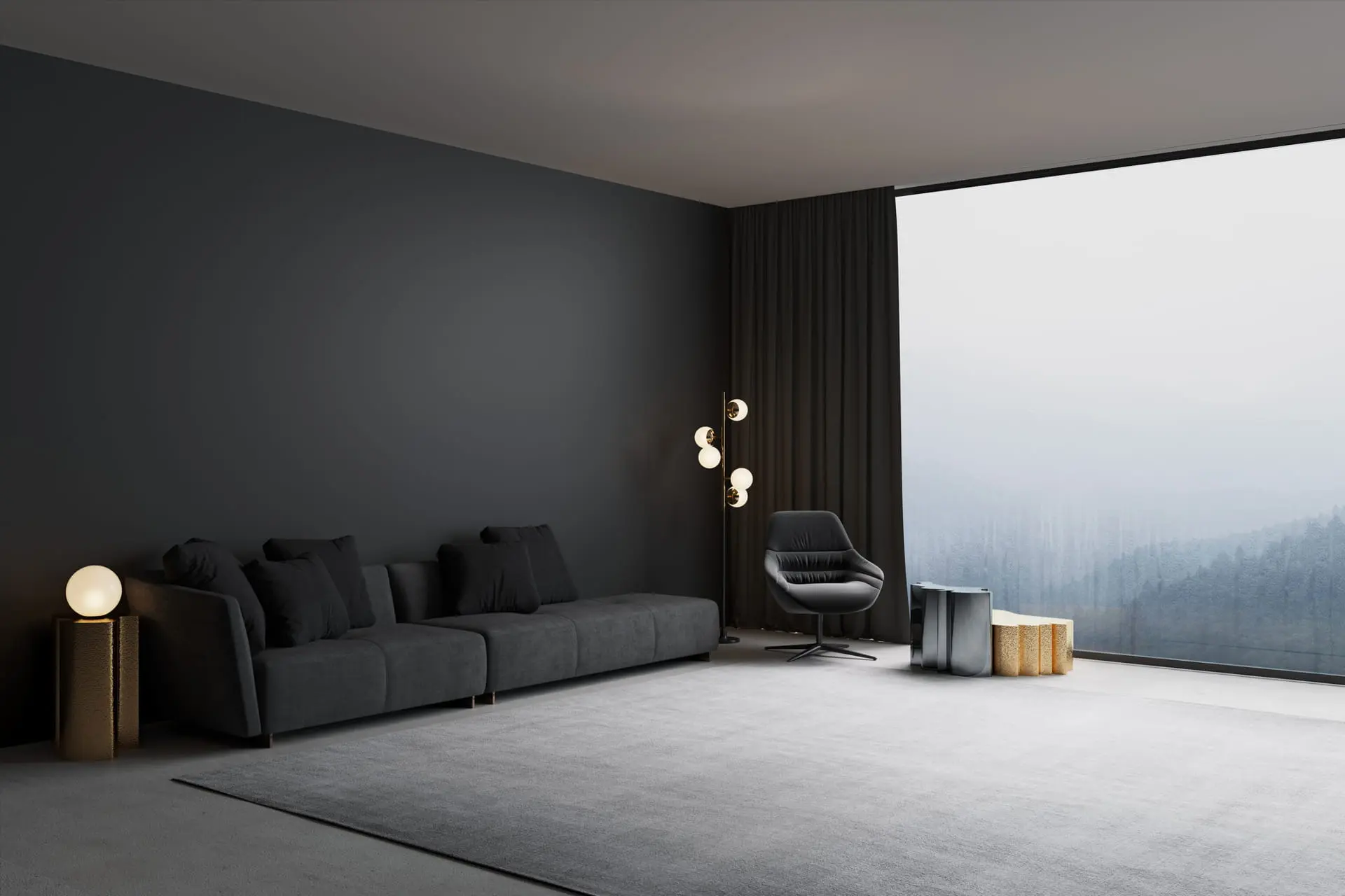 Modernus salonas dekoruotas tamsaus spalvos mikrocementu