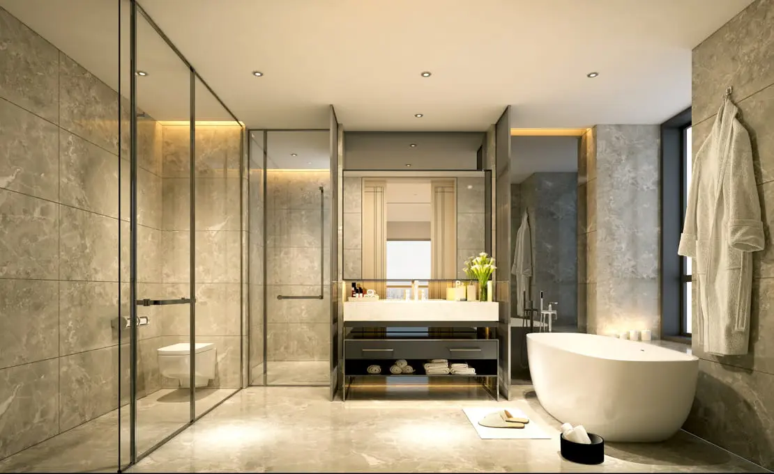 Luxe badkamer geurkaarsen en een centrale ruimte waar de wastafel, het toilet en het bad zich bevinden
