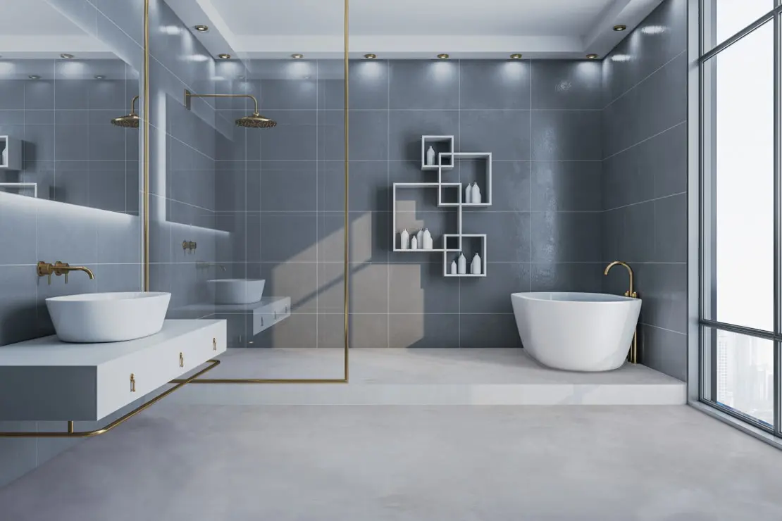 Microcement vloer in een luxe badkamer met neutrale tinten en een minimalistische sfeer